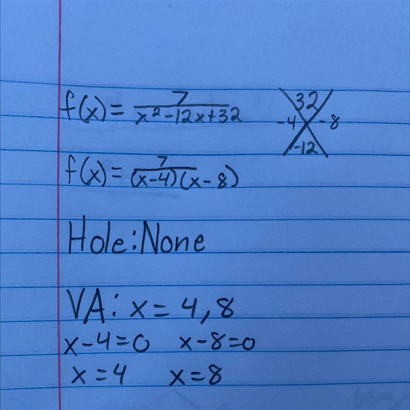 Determine the equations of any vertical asymptotes and the values of x for an holes-example-1