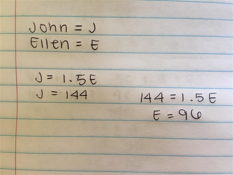 John weighs 1.5 times as much as Ellen. If John weighs 144 pounds how much does Ellen-example-1