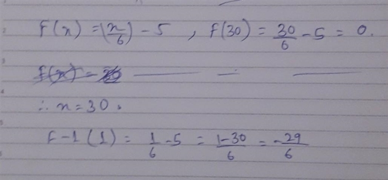 If f(x) = (x/6) - 5 then use what you know to find f-1(1)-example-1