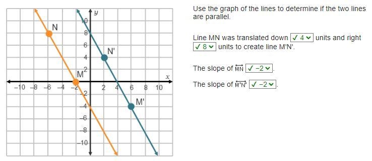 On a coordinate plane, 2 lines with negative slopes are shown. Line M N goes through-example-1