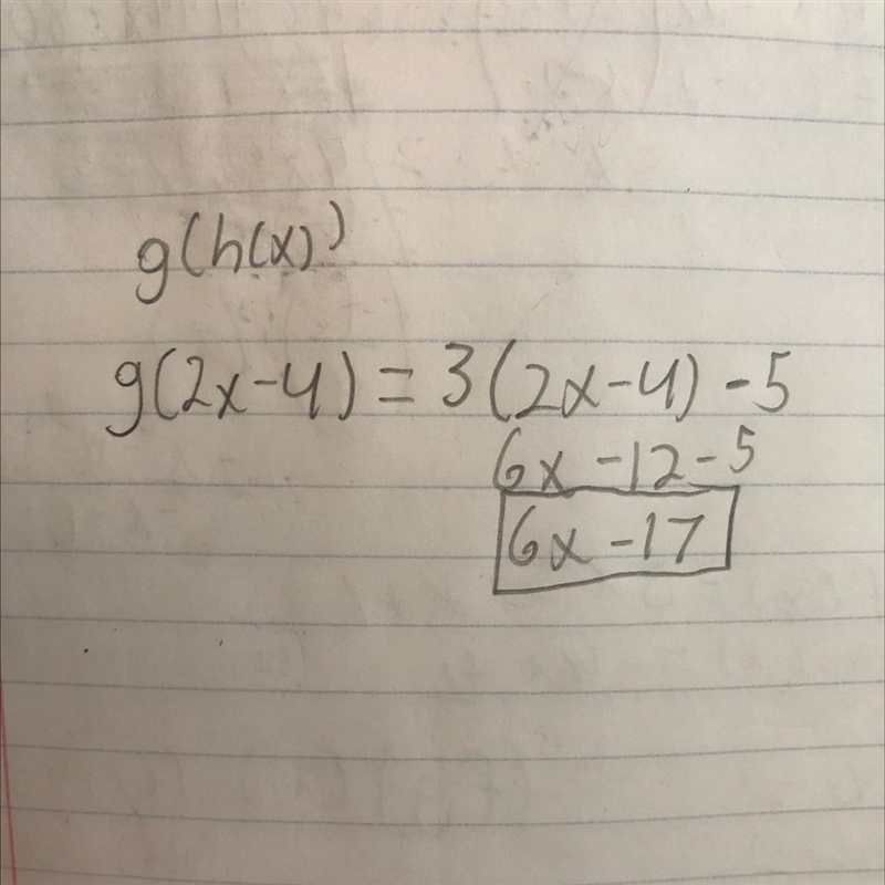 If g(x) = 3x - 5 and h(x) = 2x-4, then (g x h)(x) = ? 1. 6x - 17 2. 6x - 14 3. 5x-example-1