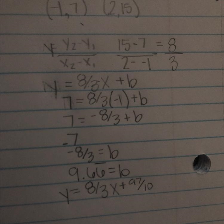 What is the equation of the line between (-1,7) and (2, 15).-example-1