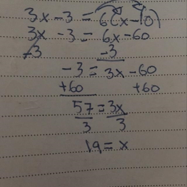 What is the value of x? (3x - 3) {6 ( x - 10 ) } Enter your answer in the box.-example-1