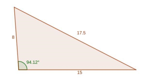 A triangle with side lengths of 8, 15, and 17.5 form a right triangle. I would appreciate-example-1