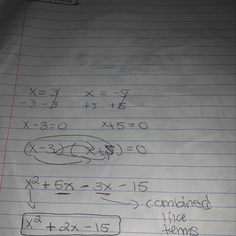 If given x=3 and x= -5 write a quadratic equation-example-1