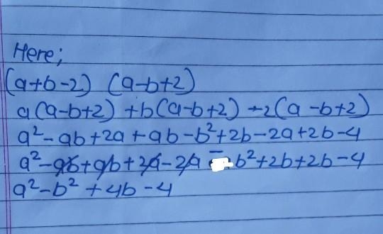 Please solve it the answer is (a+b-2) (a-b+2) should be take out question a^2-b^2+4b-example-1