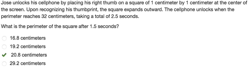 Jose unlocks his cellphone by placing his right thumb on a square of 1 centimeter-example-1