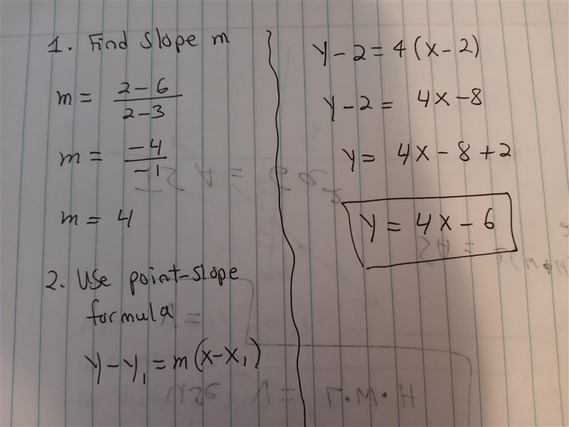 Find the equation of a line that passes through the points (2,2) and (3,6). Leave-example-1