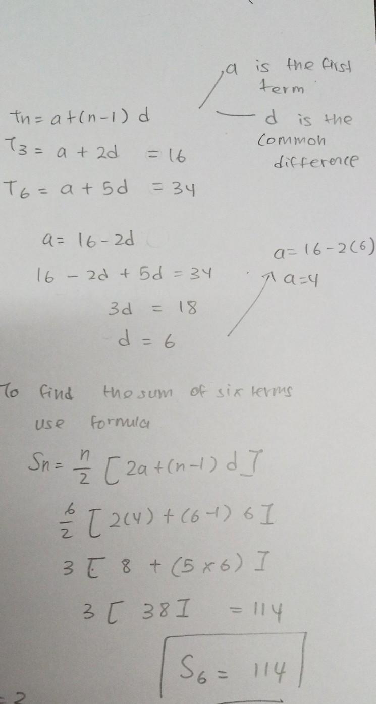 The 3rd and 6th term of a linear sequence are 16 and 34 respectively. Find the sum-example-1