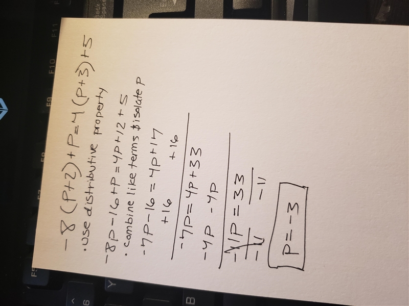 What are the steps to solve -8(p+2)+p=4(p+3)+5-example-1