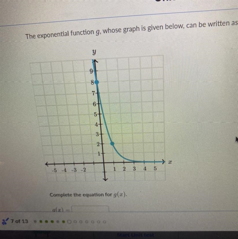 The exponential function g, whose graph is given below, can be written as g(x)=a•b-example-1