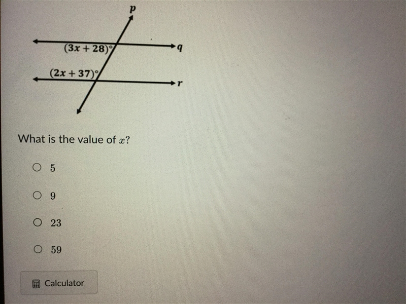 Parallel lines q and r interested by transversal p. Which is the value of x?-example-1