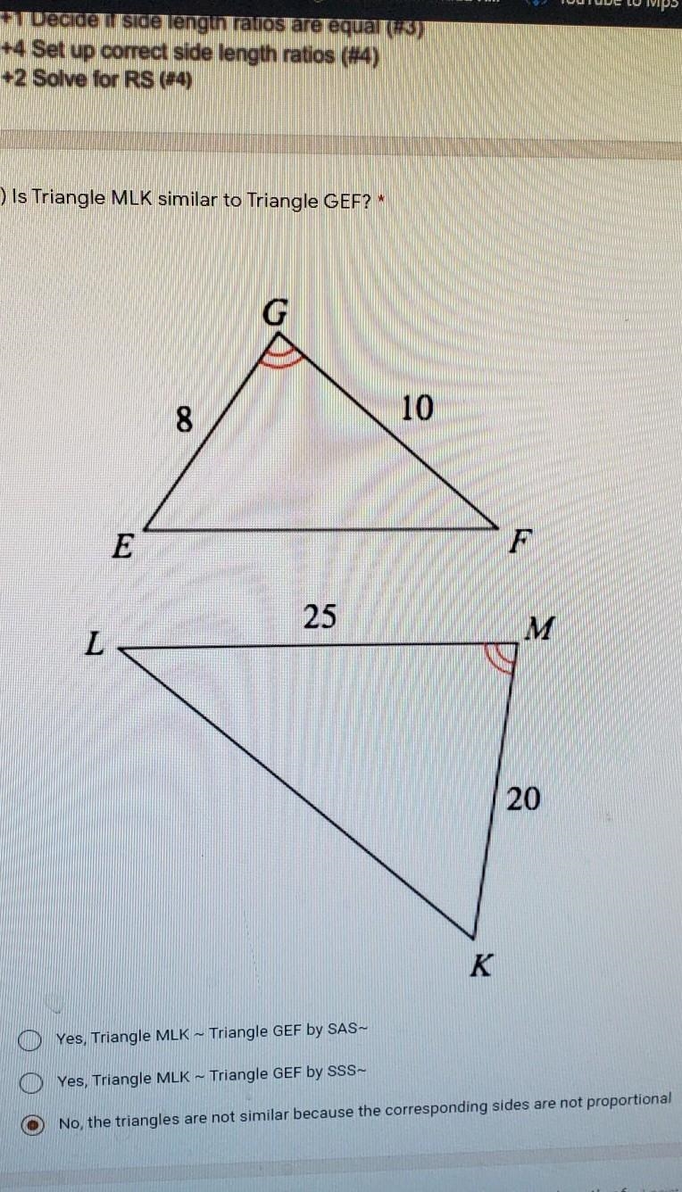 Is triangle MLK similar to Triangle GEF​-example-1