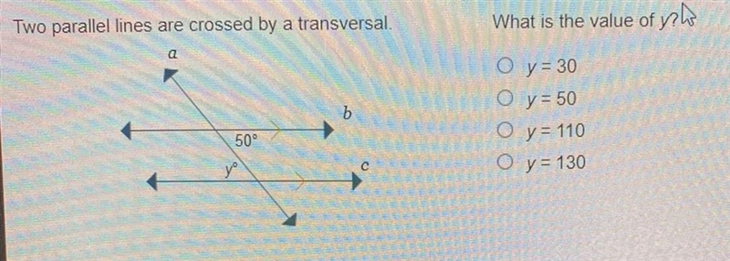 Two parallel lines are crossed by a traversal. What is the value of y?-example-1