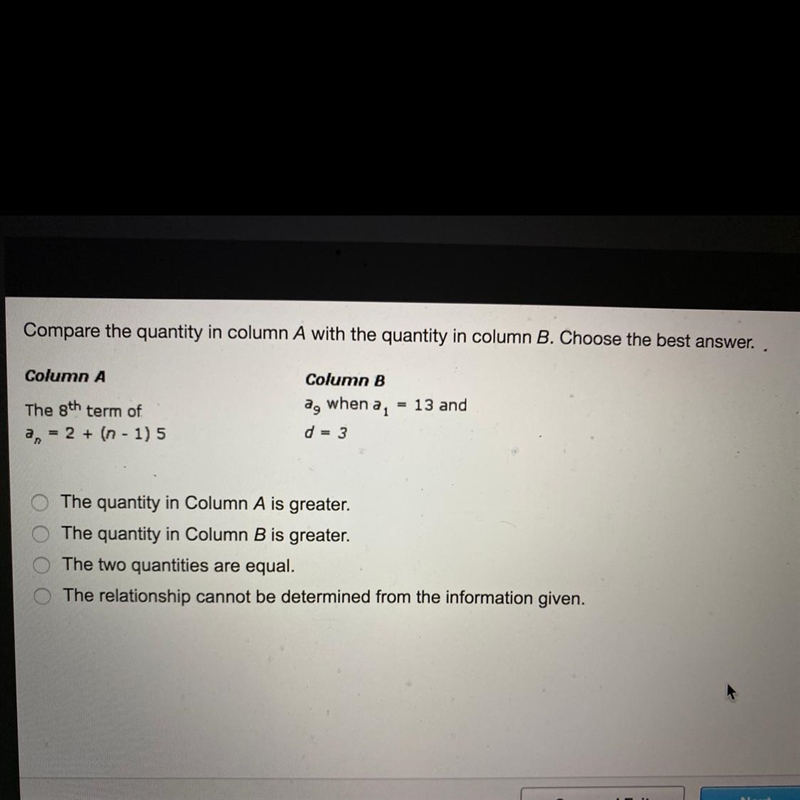 Compare the quantity in column A with the quantity in column B. Choose the best answer-example-1