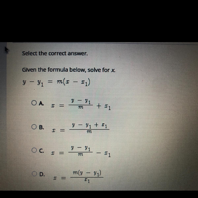 Given the formula below, solve for x. - Vi ОА. + 11 B. y – 9 + fi O c. Ử - VI m -fi-example-1