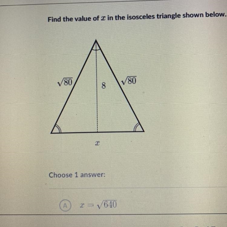 Find the value of x in the isosceles triangle shown below.-example-1