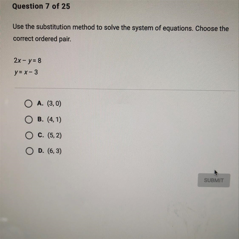 Help pls Use the substitution method to solve the system of equations. Choose the-example-1