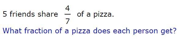 5 friends share 4/7 of a pizza. What fraction of a pizza does each person get?-example-1