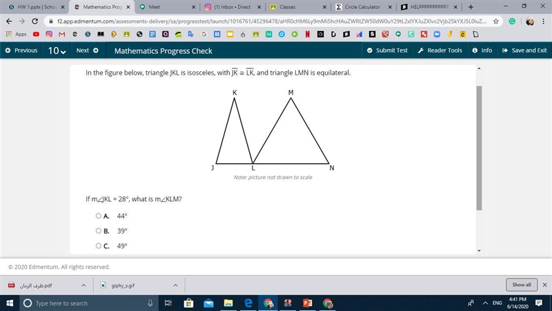 In the figure below, triangle JKL is isosceles, with JK LK, and triangle LMN is equilateral-example-1