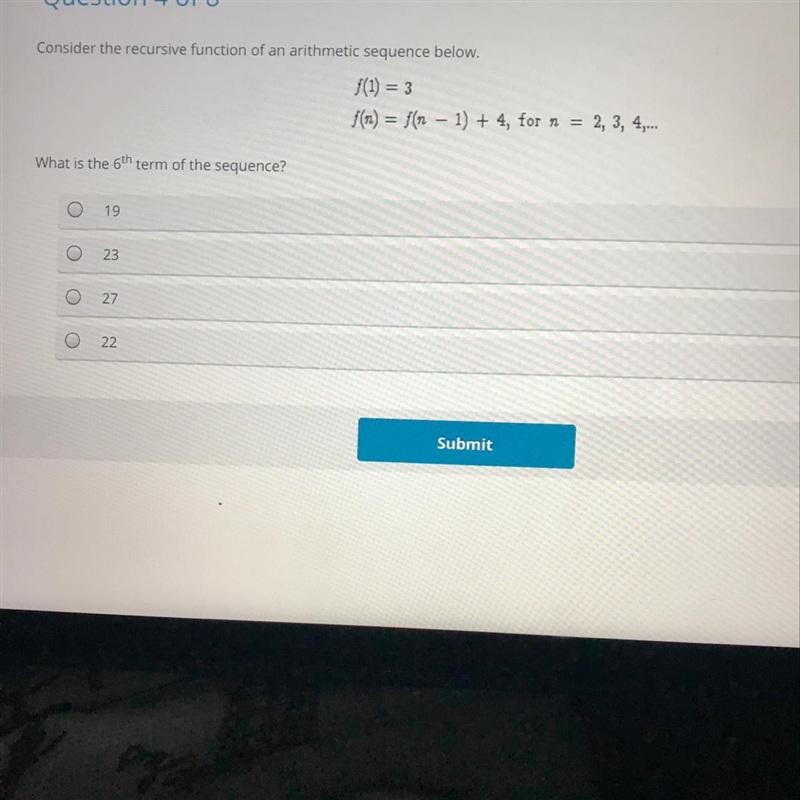 Question 4 of 8 Consider the recursive function of an arithmetic sequence below. f-example-1