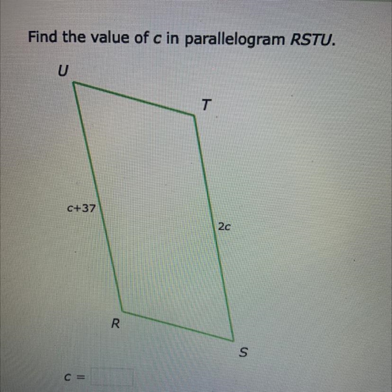 Find the value of c in parallelogram RSTU.-example-1