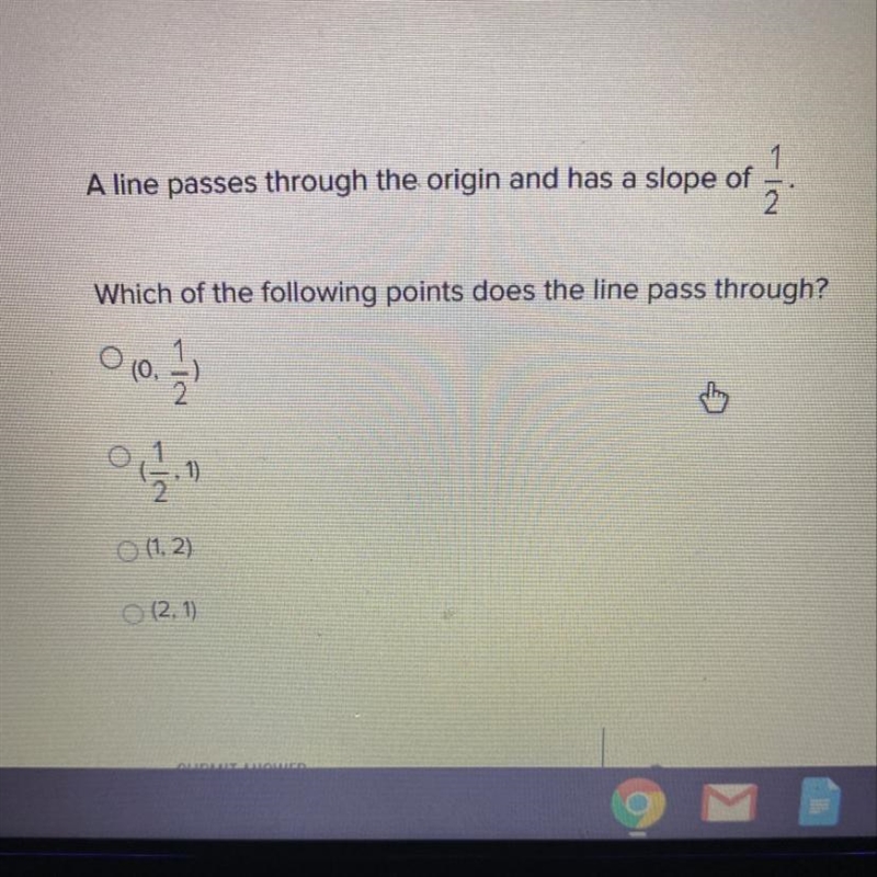 A line passed through the origin and has a slope of 1/2.-example-1