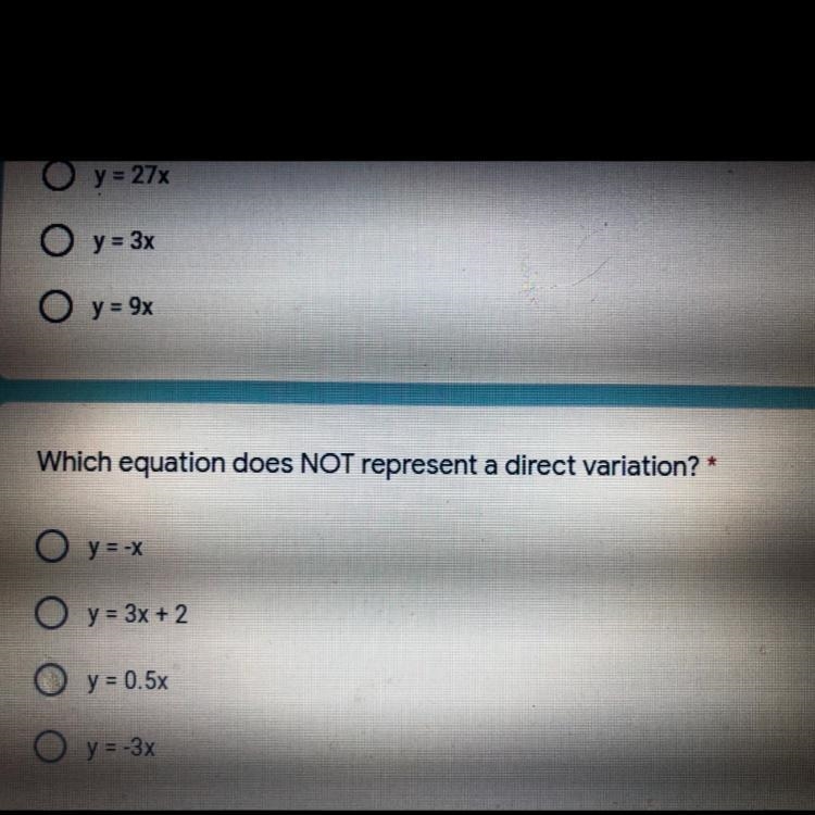 Which equation does not represent a direct variation? Explain.-example-1