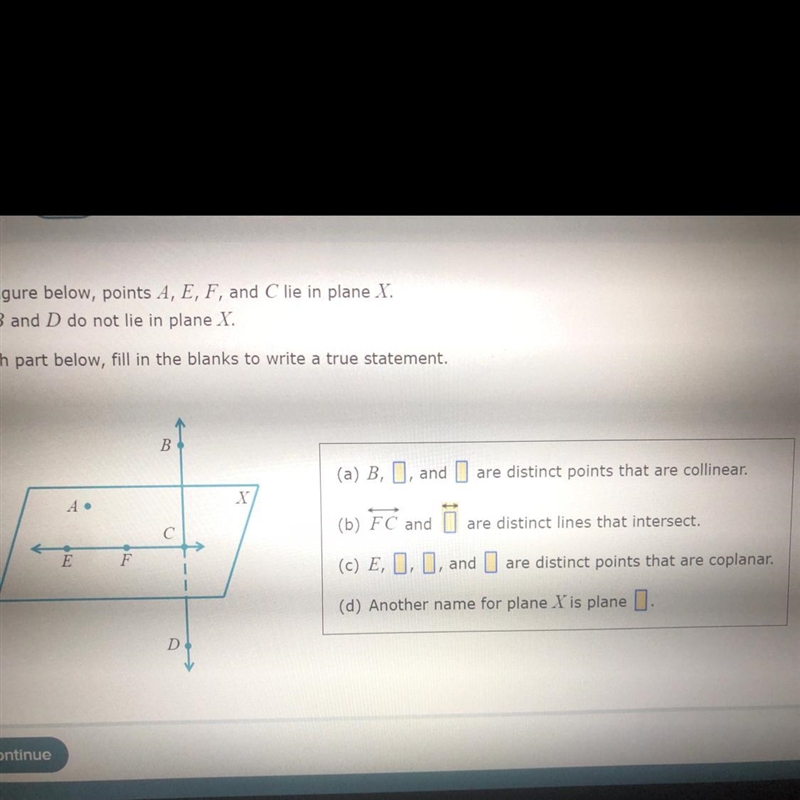 In the figure below A,E,F and C lie in plane X. Points B and D do not lie in plane-example-1