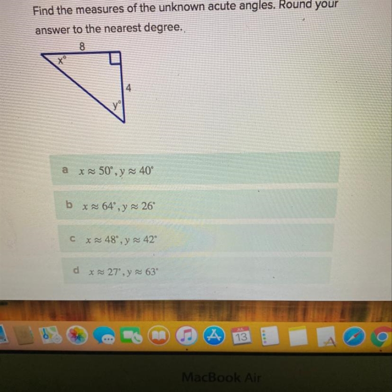 Find the measure of the unknown acute angle. Round your answer to the nearest degree-example-1