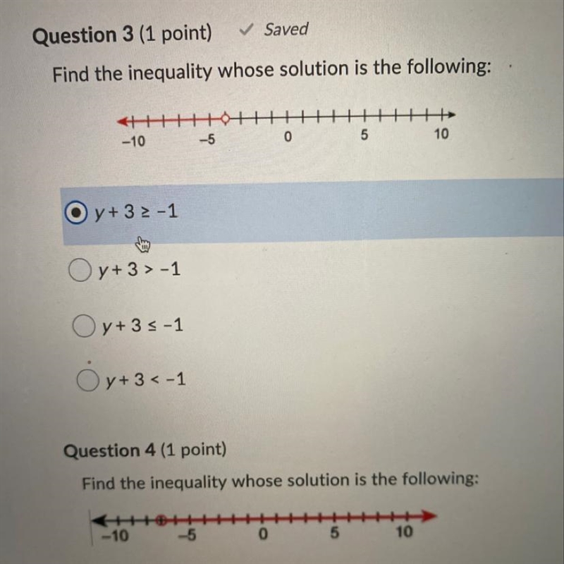 Find the inequality whose solution is the following: y+3>-1 y+3>-1 y+3<-1 y-example-1