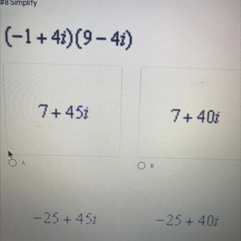 Simplify (-1+4i)(9-4i)-example-1