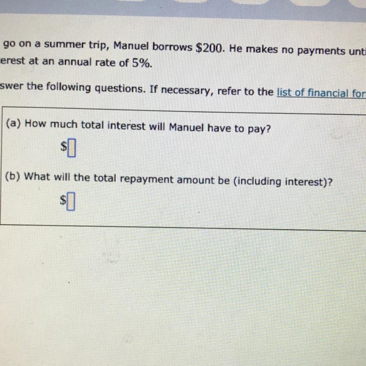 To go on a summer trip Manuel borrows $200. He makes no payments until the end of-example-1