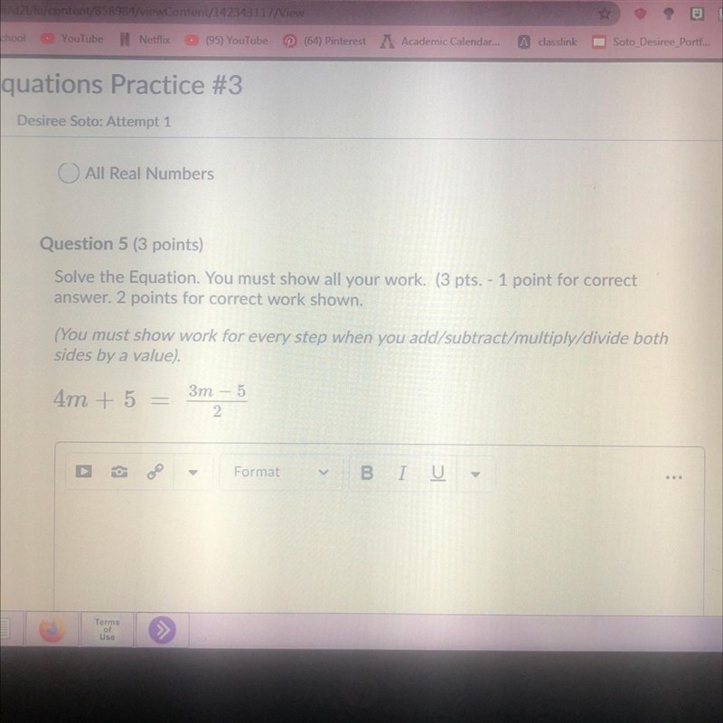 Solve the Equation. You must show all your work. (3 pts. - 1 point for correct answer-example-1