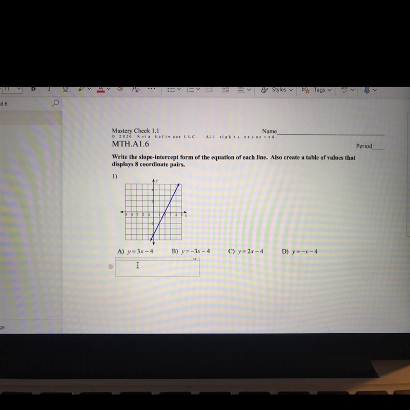 Period Write the slope-intercept form of the equation of each line. Also create a-example-1