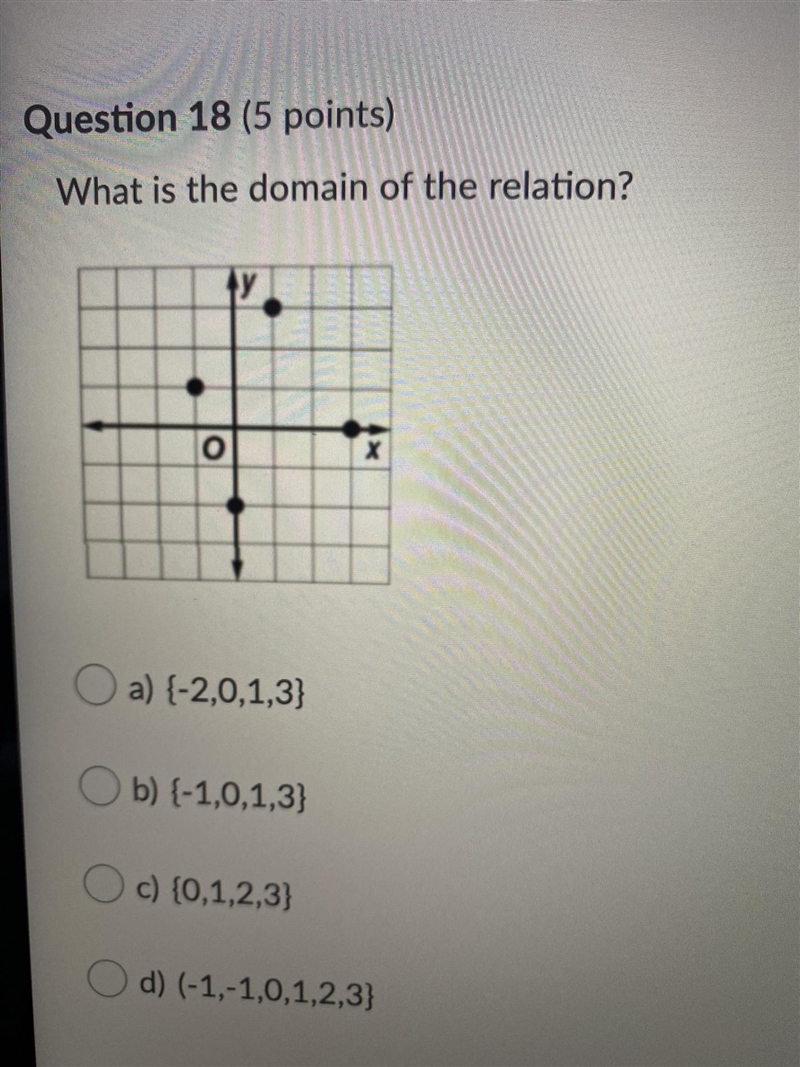 What is the domain of the relation? Question 18 options: a) {-2,0,1,3} b) {-1,0,1,3} c-example-1