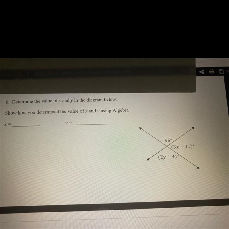 6. Determine the value of x and y in the diagram below. Show how you determined the-example-1