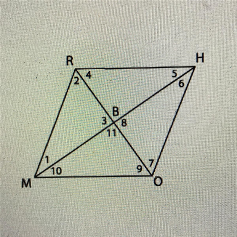 Given that RHMO is a rhombus, find x, given that m ∠ 3 = 8x - 6-example-1