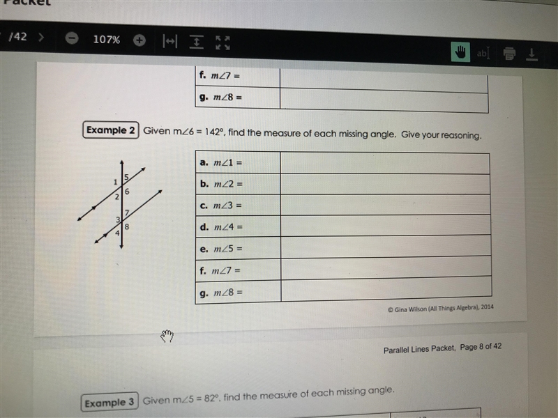 Given m 6 = 142°, find the measure of each missing angle. Give your reasoning.-example-1