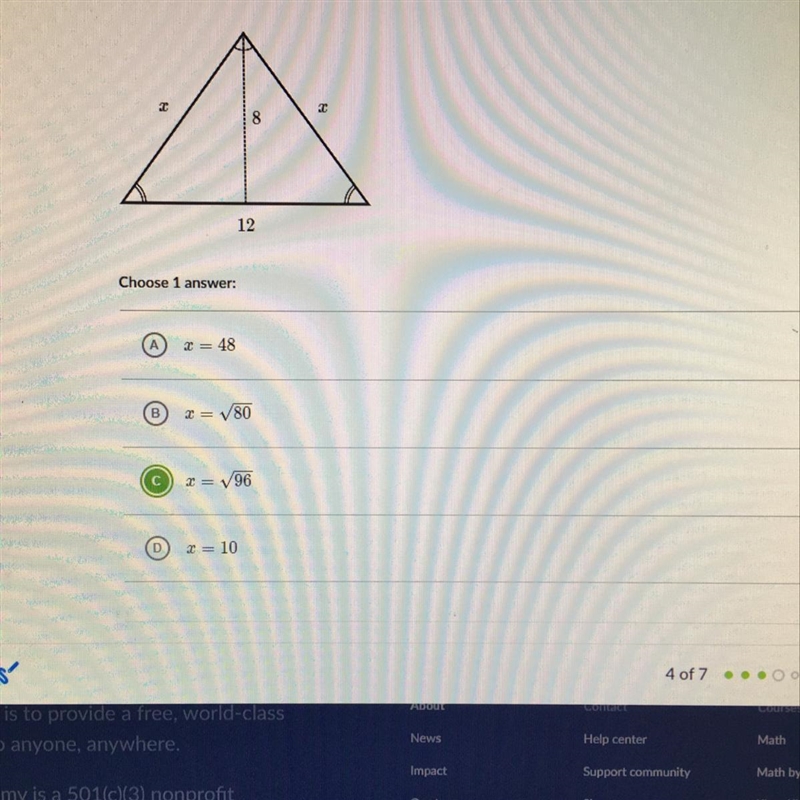 Find the value of x in the isosceles triangle shown below. Please answer quick-example-1