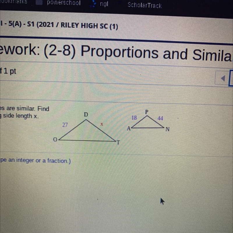 The triangles are similar. Find the missing side length x.-example-1