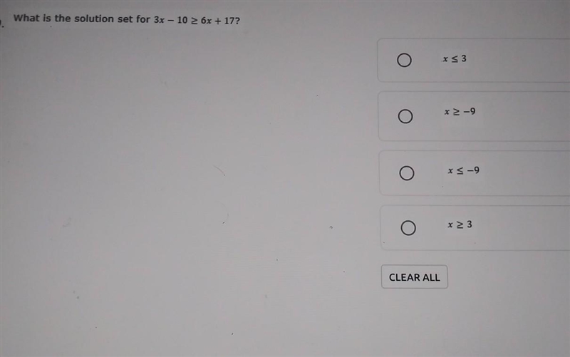 What is the solution set for 3x - 10 26x + 17? ​-example-1