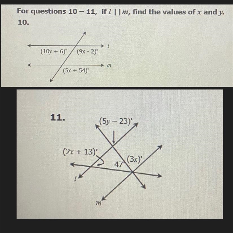 For questions 10-11 if l || m, find the values of x and y.-example-1