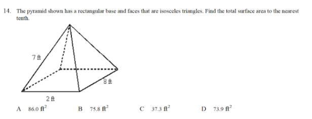 the pyramid shown has a rectangular base and faces that are isosceles triangles find-example-1