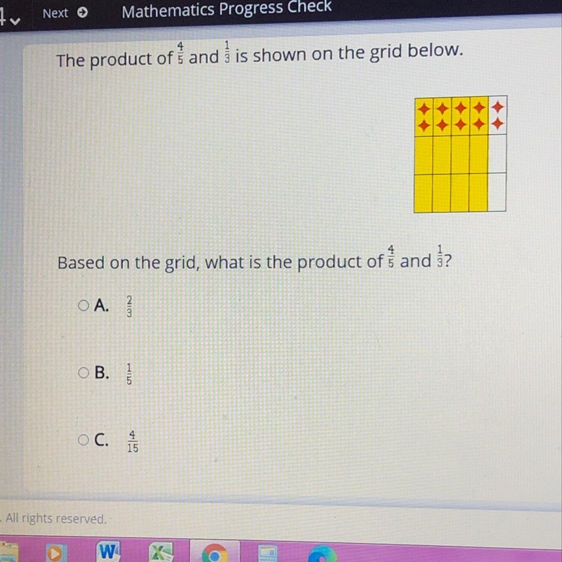 Need help please! Oh and the options are A. 2/3 B. 1/5 C. 4/15 D. 2/7-example-1