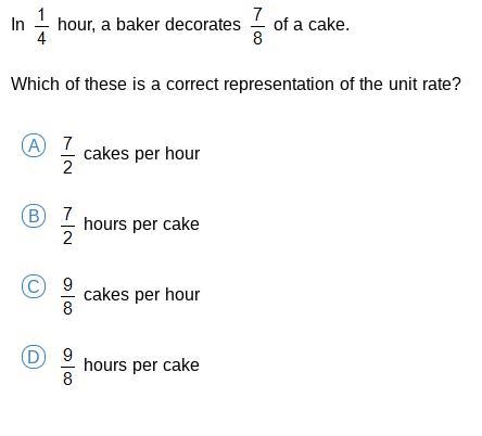 Please help!!! In 1/4 hour , A baker decorates 7/8 of a cake.-example-1