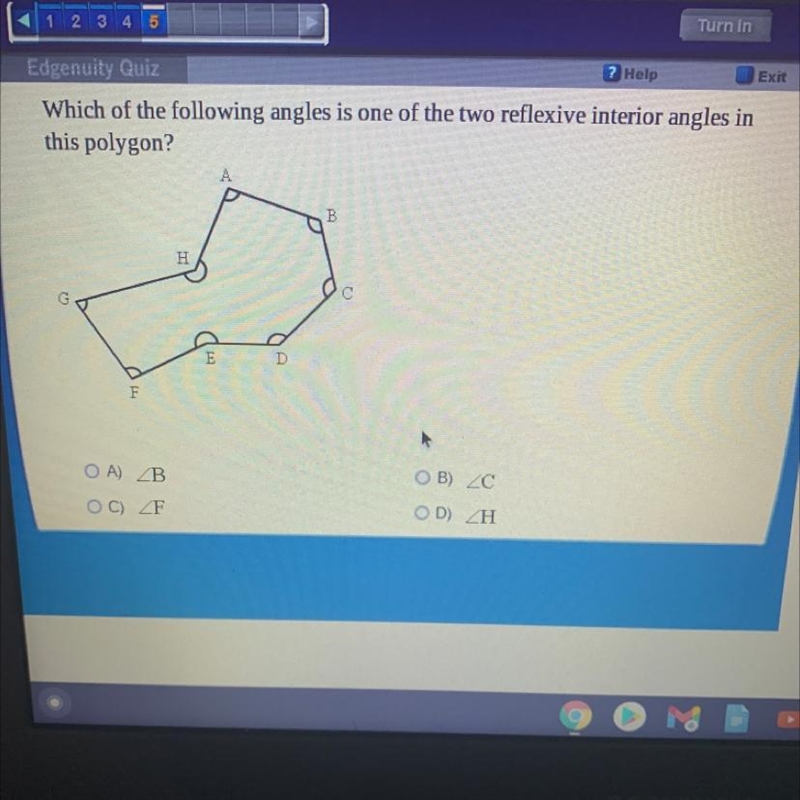 Which of the following angles is one of the two reflexive interior angles in this-example-1