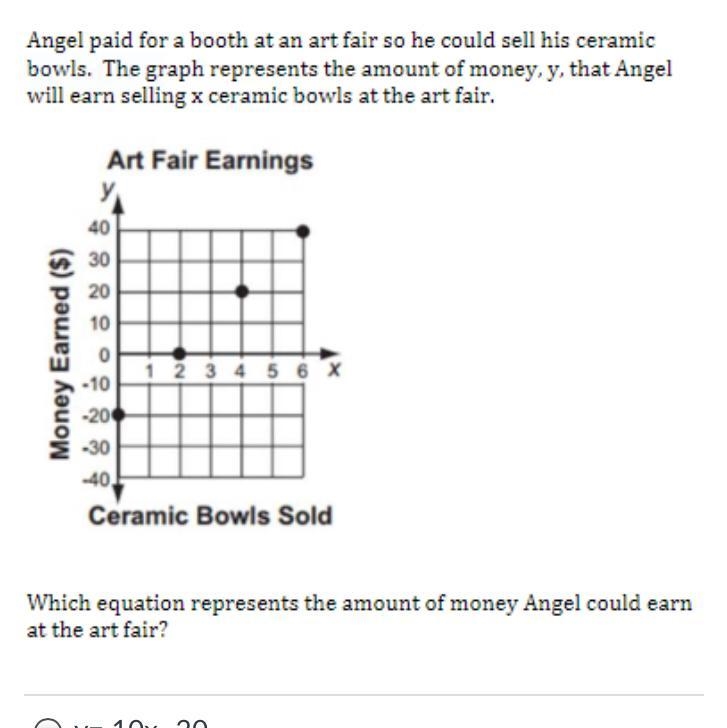 Please help The answer choices are Y=10x-20 Y=x+2 Y=x-20 Y=20-10x-example-1