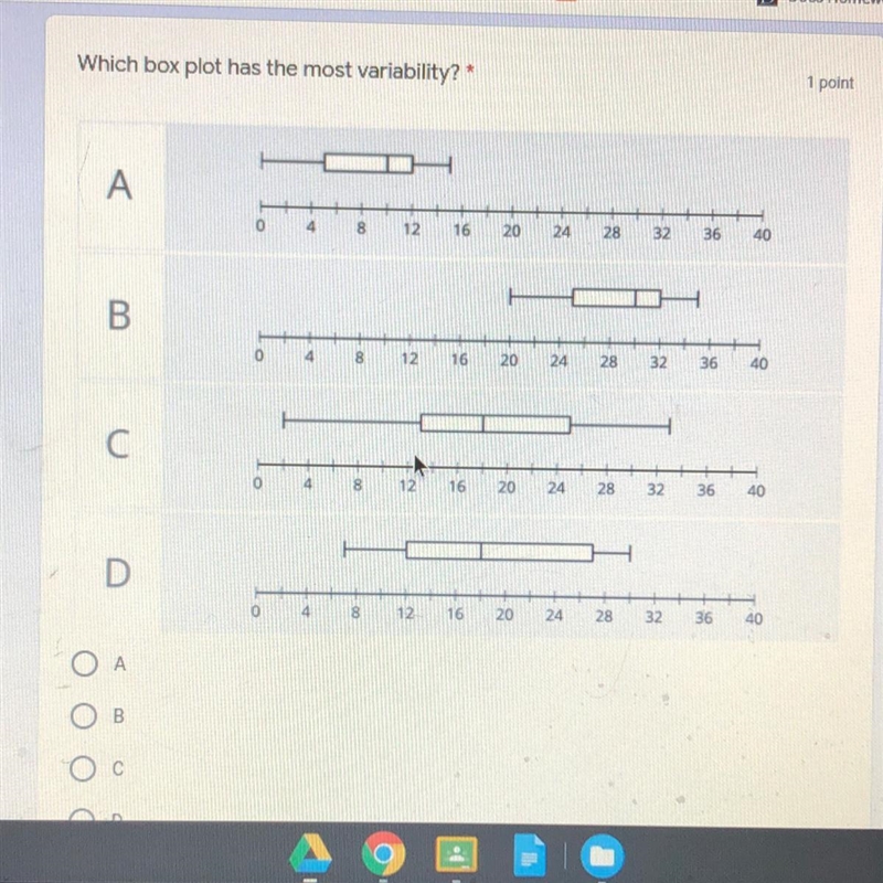 Which box plot has the most variability A,B,C,D-example-1