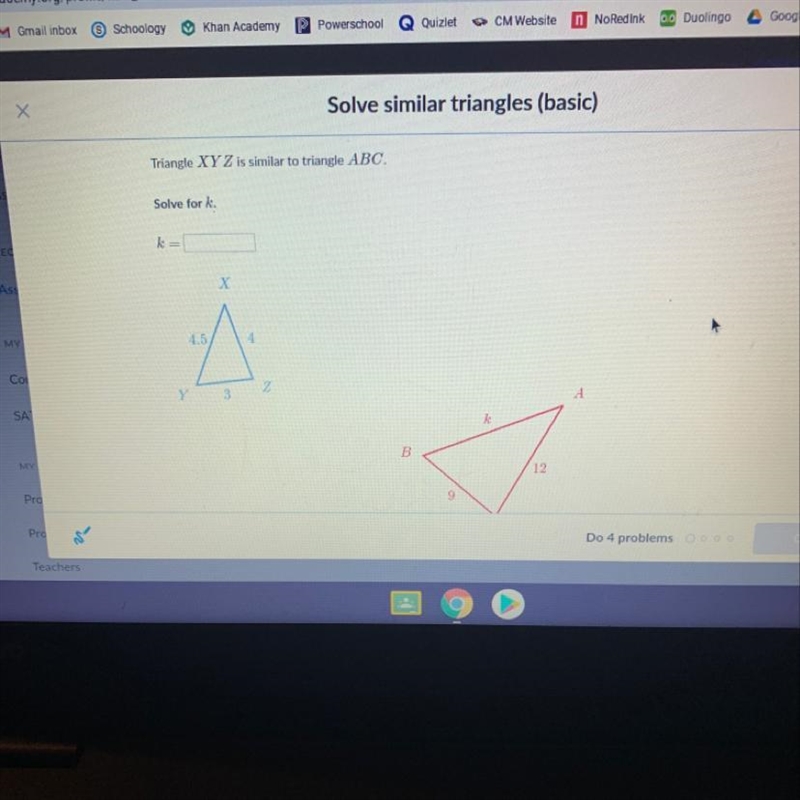 Triangle xyz is similar to triangle abc solve for k-example-1